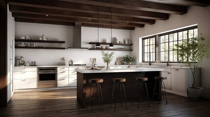  a large kitchen with a center island and wooden flooring.  generative ai