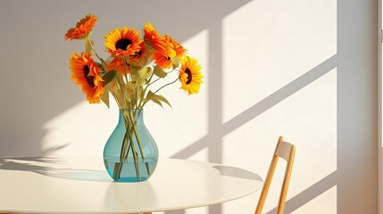  a vase of sunflowers on a table with a chair.  generative ai