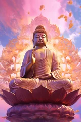 Foto op Plexiglas 3d golden statue of Buddha meditating in Padmasana with glowing light line in hands against abstract background, generative AI.   © Kien
