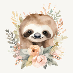 Watercolor vector illustration of a Sloth painting for children nursery room