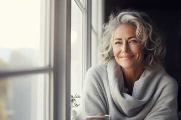 Middle aged woman sits at home on a windowsill. She is smiling and looking at camera. Psychological portrait of a Caucasian woman.