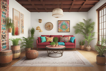 3d rendering of a bohemian style living room