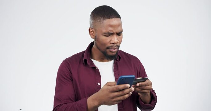 Phone, credit card problem or black man confused with password error, fintech glitch or omnichannel cyber security. Cellphone, phishing virus scam or studio person online shopping on white background