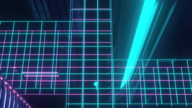 Humanoid Running Through the Cyberpunk City Bird Eye View 4K VJ Loop