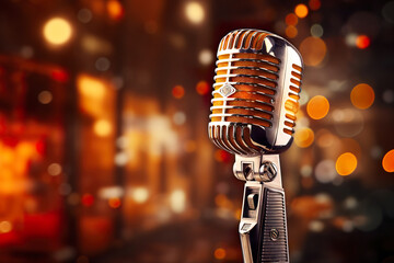 Vintage microphone with blurred bokeh background