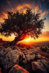 BBeautiful Sunset Landscape with Tree