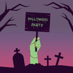 Hand holding a cemetery, Happy halloween banner, Halloween greeting card.