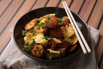 Chaufa amazonico fried rice with chorizo and  smoked pork cecina peru peruvian food