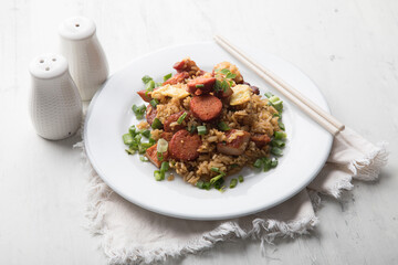 Chaufa amazonico fried rice with chorizo and  smoked pork cecina peru peruvian food