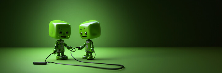 Naklejka premium Grüne erneuerbare Strom Männchen mit Stromkabel Cartoons in Querformat für Banner, ai, generativ