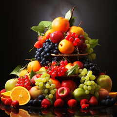 Assorted colorful fresh fruits piled up.