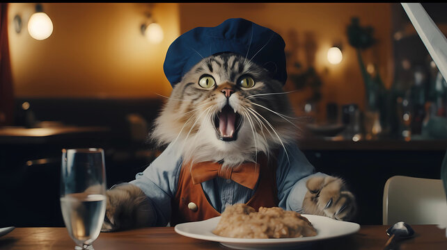 cat in the restaurant, food critic, concept art, illustration
