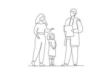 Fototapeta na wymiar One continuous line drawing of Kids, parents and doctor. Parenting in Healthcare concept. Doodle vector illustration in simple linear style. 