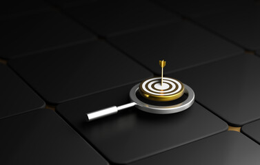 Discover essence of business success. Magnifier focuses on target icon, symbolizing strategic goal analysis and precise market planning. 3D render illustration.