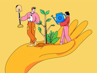 Vector concept operation hand-drawn illustration of flat characters planting trees in spring Arbor Day
