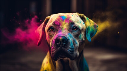 Colourfull Dog with Clashing Colors Background, Eye-catching Design. Generative AI - obrazy, fototapety, plakaty