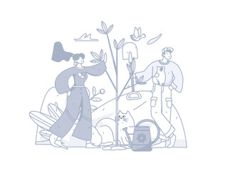 Vector concept operation hand-drawn illustration of flat characters planting trees in spring Arbor Day 