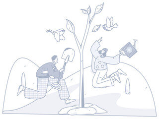 Vector concept operation hand-drawn illustration of flat characters planting trees in spring Arbor Day
