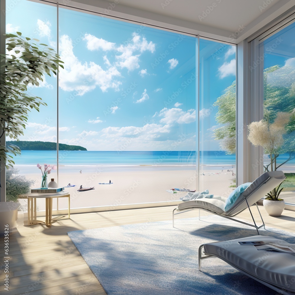 Poster a room with a view of the beach and the ocean. generative ai