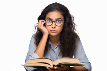 Woman giving thinking and shocked expression while reading book