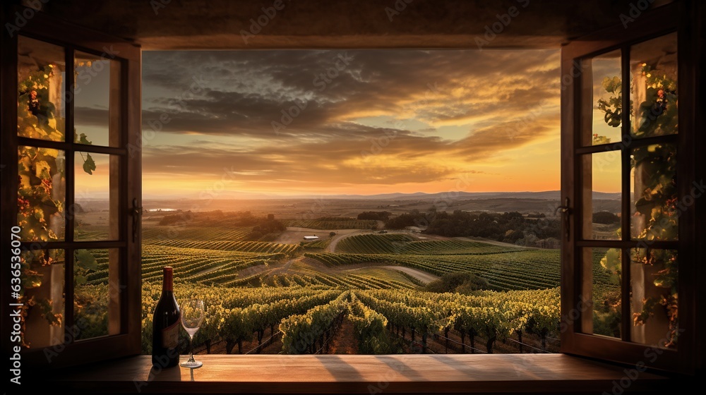 Poster an open window with a view of a vineyard at sunset. generative ai