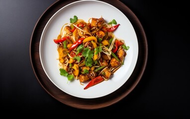 Top View Snapshot of Hokkien Mee Stir fry on a White Background. Generative AI