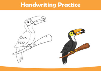 Obraz premium Practice handwriting. tracing lines and coloring toucan for children