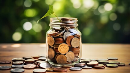 Money Saving, Business financial growth, Economy budget and investment concept. Golden coins in jar, coin stack growth up on green blur nature background, Liabilities and savings for payment concepts.