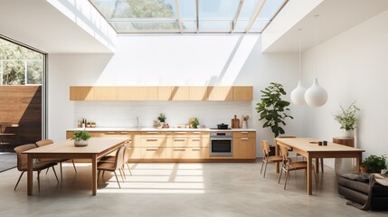 Fototapeta premium a kitchen with a skylight and a table and chairs. generative ai