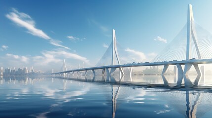  a bridge that is over water with a city in the background.  generative ai