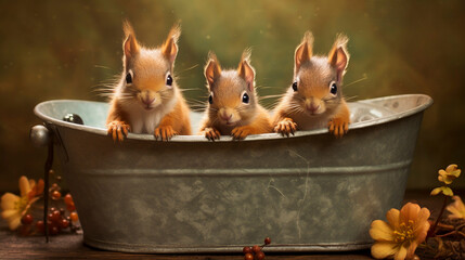 AI generated, Beautiful illustration of a cute adorable squirrels sitting an and vintage metal bathtub. Group of squirrels posing in a bath tub. Anne Geddes style.