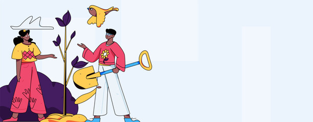 Vector concept operation hand-drawn illustration of flat characters planting trees in spring Arbor Day
