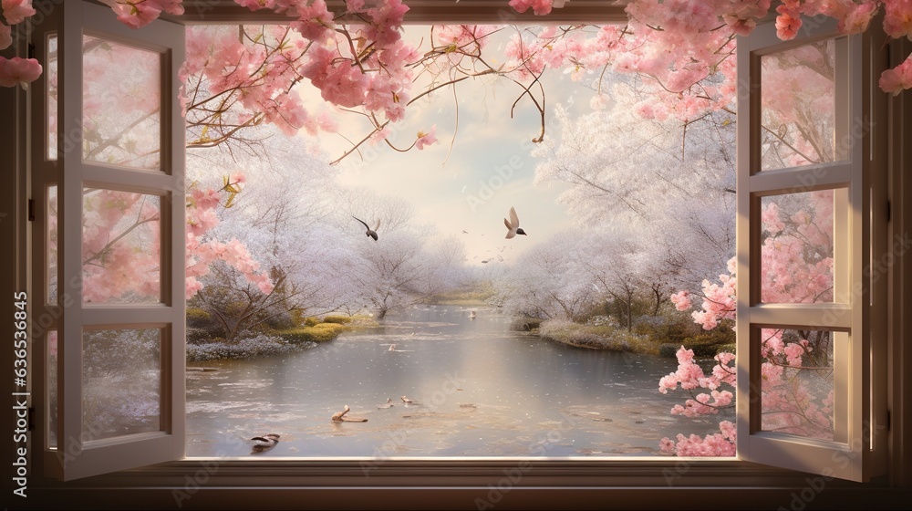 Poster  an open window with a view of a river and trees.  generative ai