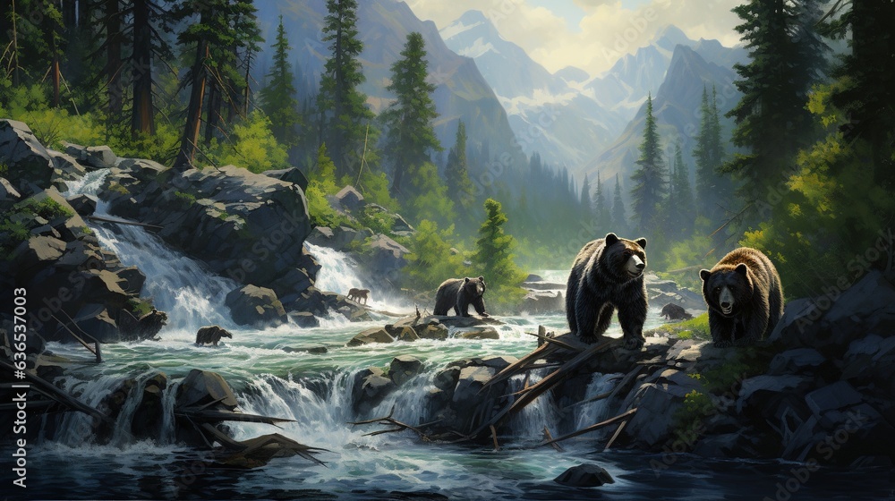 Poster a painting of two bears standing on a log over a river. generative ai