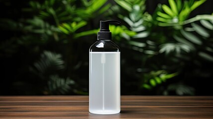 Close-up hand sanitizer bottle for mockup on wooden table with leaf ornament and blur background - obrazy, fototapety, plakaty
