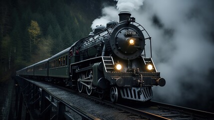 Obraz premium a steam engine train traveling down train tracks with smoke billowing out of it. generative ai