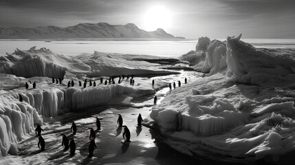  a group of penguins standing on top of ice covered ground.  generative ai