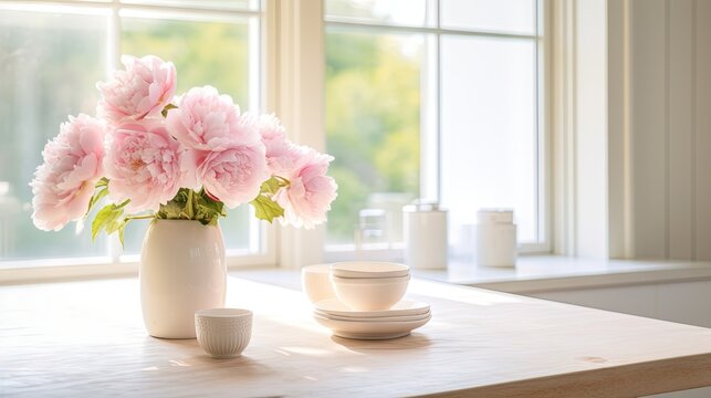  a vase of pink flowers sitting on a table next to two cups.  generative ai