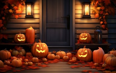 Autumn Themed Background with Halloween Pumpkins Candles and Foliage. Generative AI