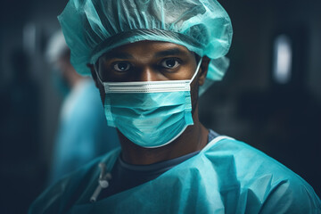 African American doctor in hospital, portrait of a male surgeon in a medical mask in operating room