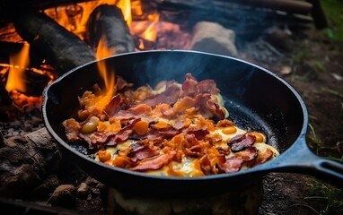 Rustic Campfire Breakfast Bacon and Eggs in Cast Iron. Generative AI