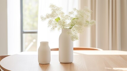  two vases with flowers on a table in front of a window.  generative ai