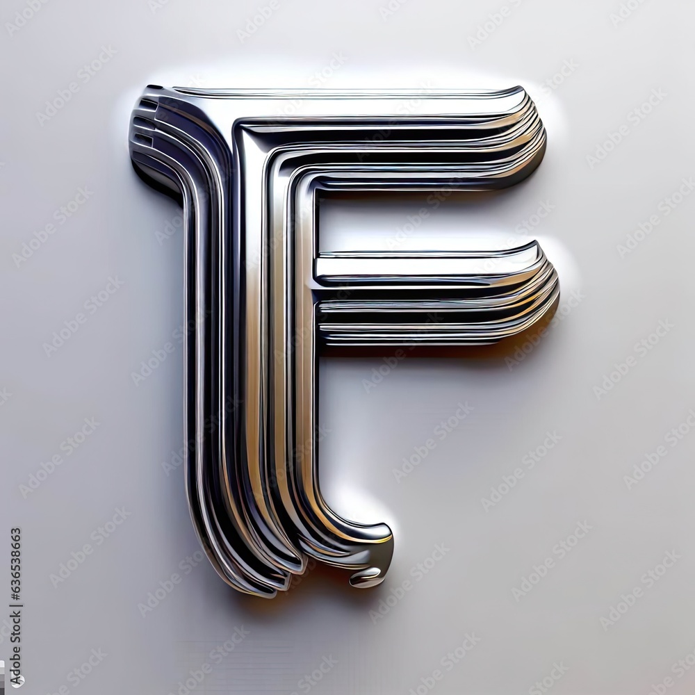 Fototapete 3d metallic f text effect. alphabet font f with metal chrome effect. letter f from abc mockup render