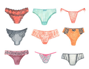 Female underpants isolated on white background. Woman pants different types. Watercolor set.