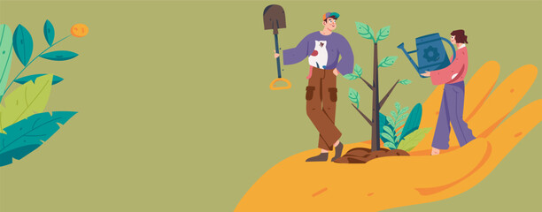 Vector concept operation hand-drawn illustration of flat characters planting trees in spring Arbor Day
