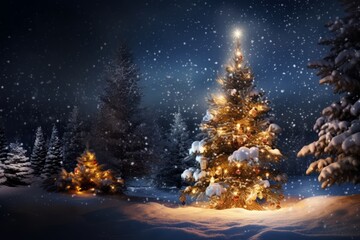 Christmas Tree Lights Decoration. Outdoor view with snow at night. Created using generative AI	