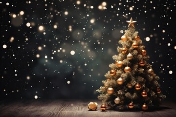 Seasonal Christmas Tree with gold decoration on wooden floor. Blurred background. Created using generative AI	 - 636538859