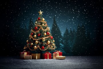 Seasonal Illuminated Christmas Tree in snow with presents under the tree. Created using generative AI