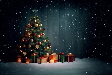 Seasonal Christmas Tree with Decoration. Outdoor view with snow and wood background. Created using generative AI	