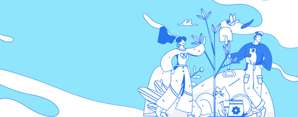 Vector concept operation hand-drawn illustration of flat characters planting trees in spring Arbor Day
